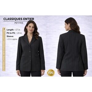 Classiques Entier Petites Black Pinstripe Blazer Jacket Size 8P Wool Blend EUC